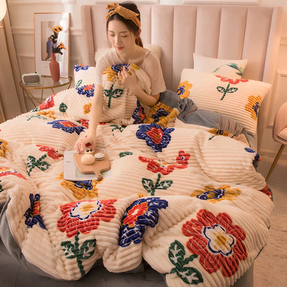 Double-thick velvet bed sheets in Romantic Powder colour showing 400gsm texture and printed pattern detail