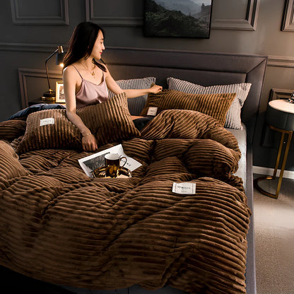 Double-thick velvet bed sheets in Romantic Powder colour showing 400gsm texture and printed pattern detail