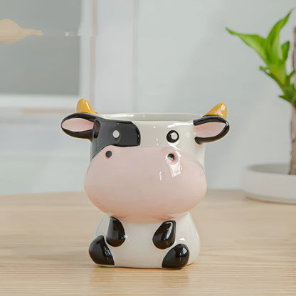 Simple cartoon animal ceramic flower pot for succulents and small plants, Nordic style, breathable and corrosion-resistant.