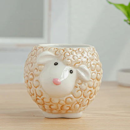 Simple cartoon animal ceramic flower pot for succulents and small plants, Nordic style, breathable and corrosion-resistant.