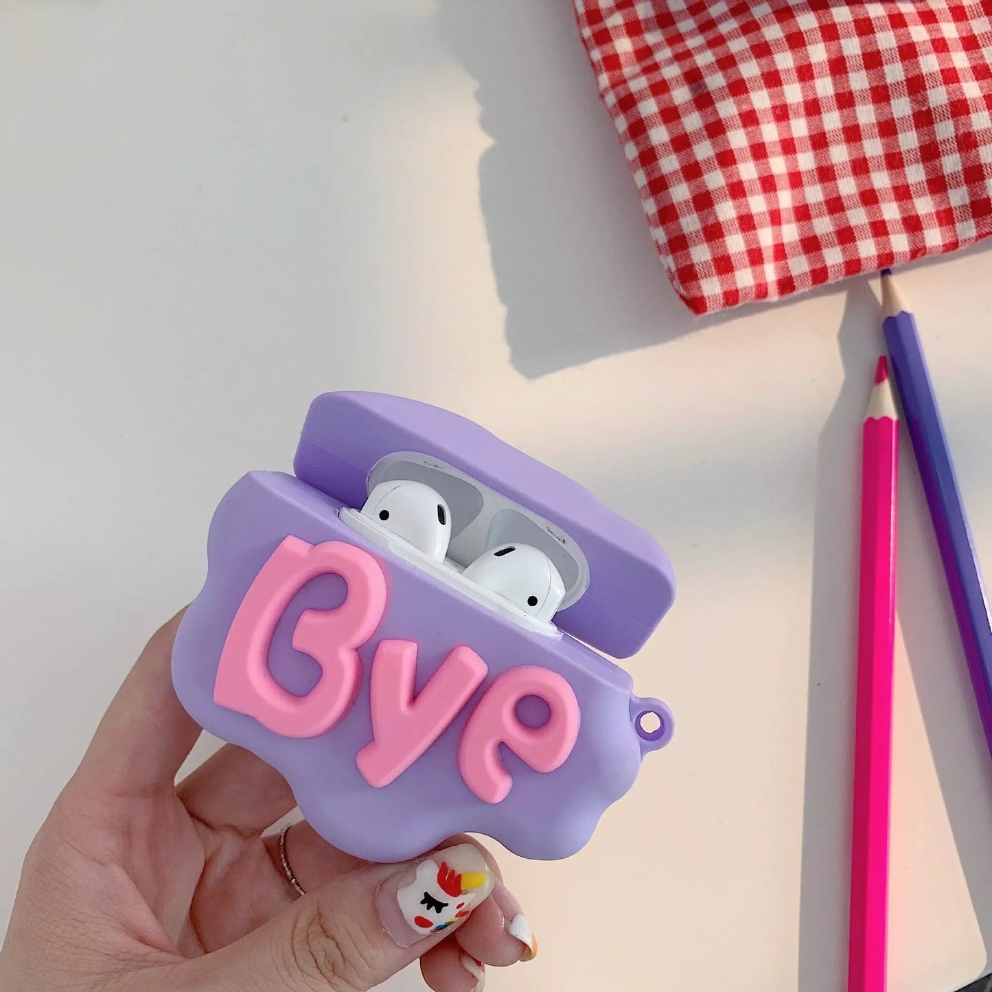 3D HI BYE Cloud Letter Cartoon Silicone Case for AirPods in pink and purple