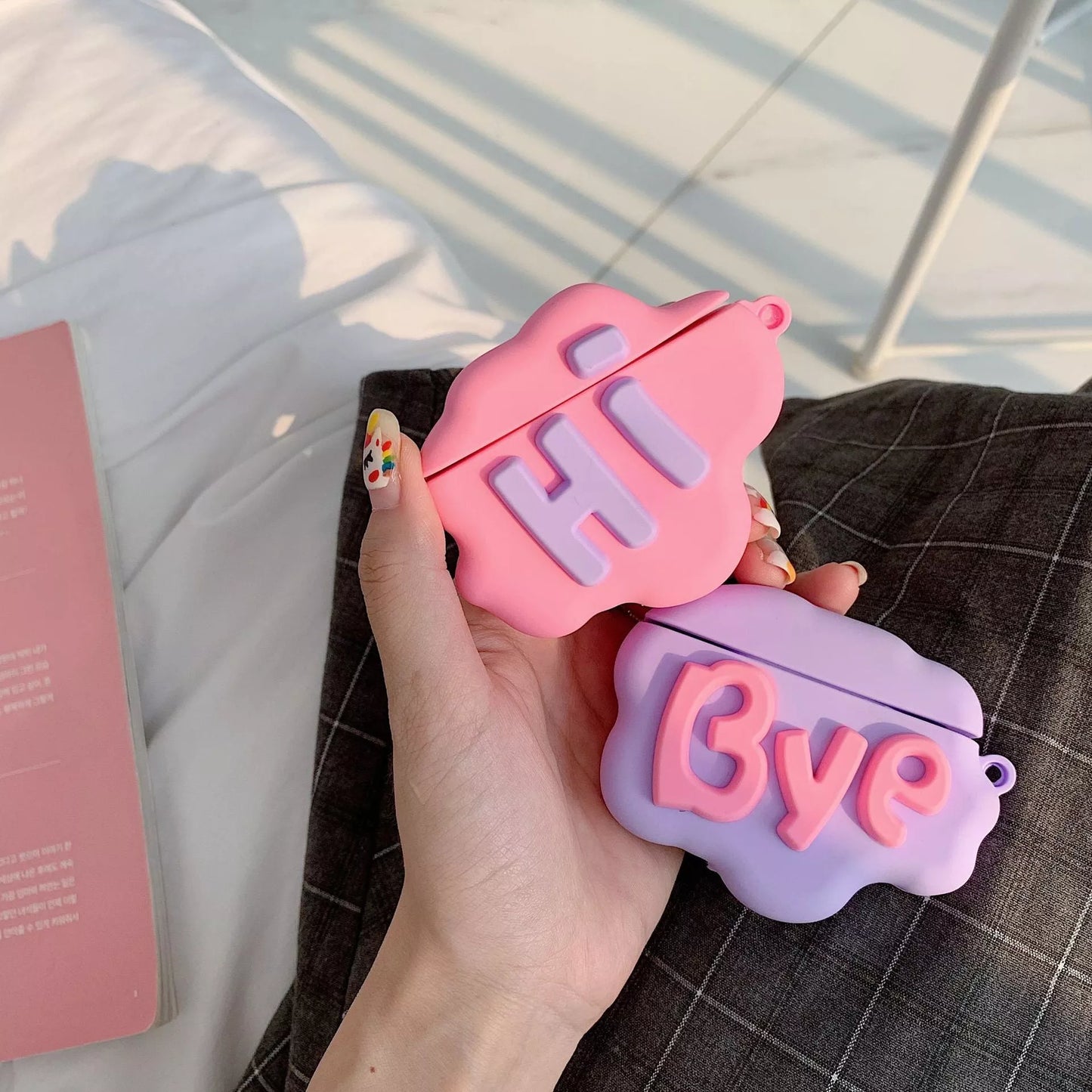 3D HI BYE Cloud Letter Cartoon Silicone Case for AirPods in pink and purple
