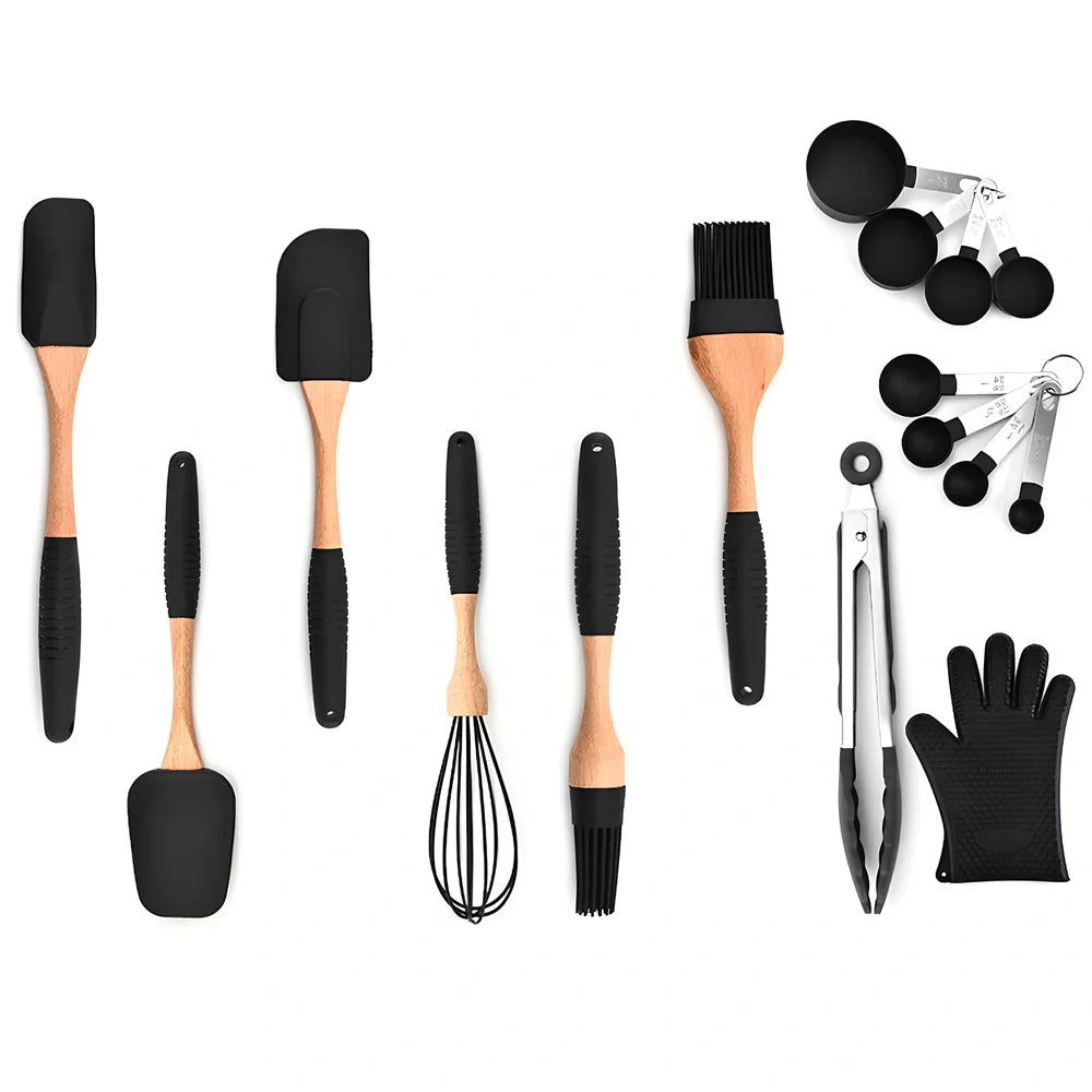 Silicone baking utensils set with wooden handles including 30.5 cm food clamp and 28 cm whisk for kitchen organisation