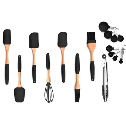 Silicone baking utensils set with wooden handles including 30.5 cm food clamp and 28 cm whisk for kitchen organisation