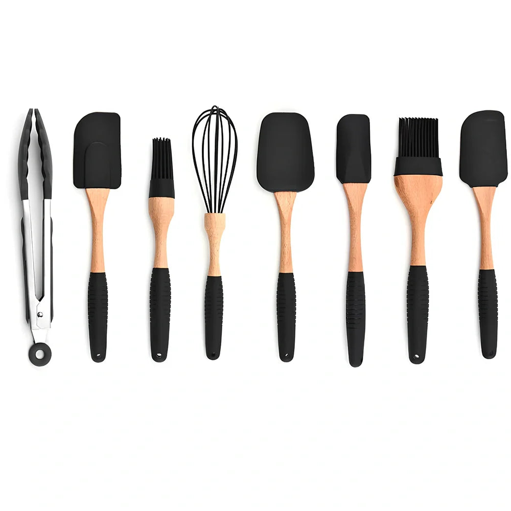 Silicone baking utensils set with wooden handles including 30.5 cm food clamp and 28 cm whisk for kitchen organisation