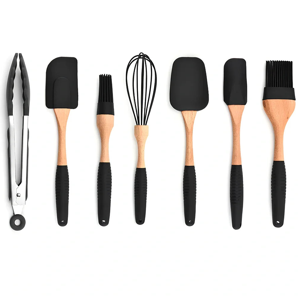 Silicone baking utensils set with wooden handles including 30.5 cm food clamp and 28 cm whisk for kitchen organisation