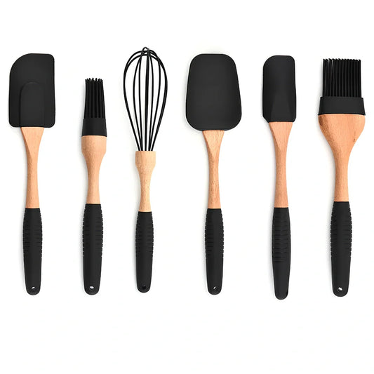 Silicone baking utensils set with wooden handles including 30.5 cm food clamp and 28 cm whisk for kitchen organisation