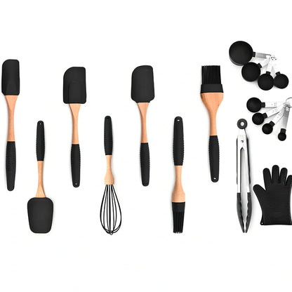 Silicone baking utensils set with wooden handles including 30.5 cm food clamp and 28 cm whisk for kitchen organisation
