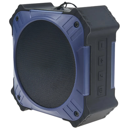 Compact black waterproof Bluetooth speaker with wrist strap, showing size scale.