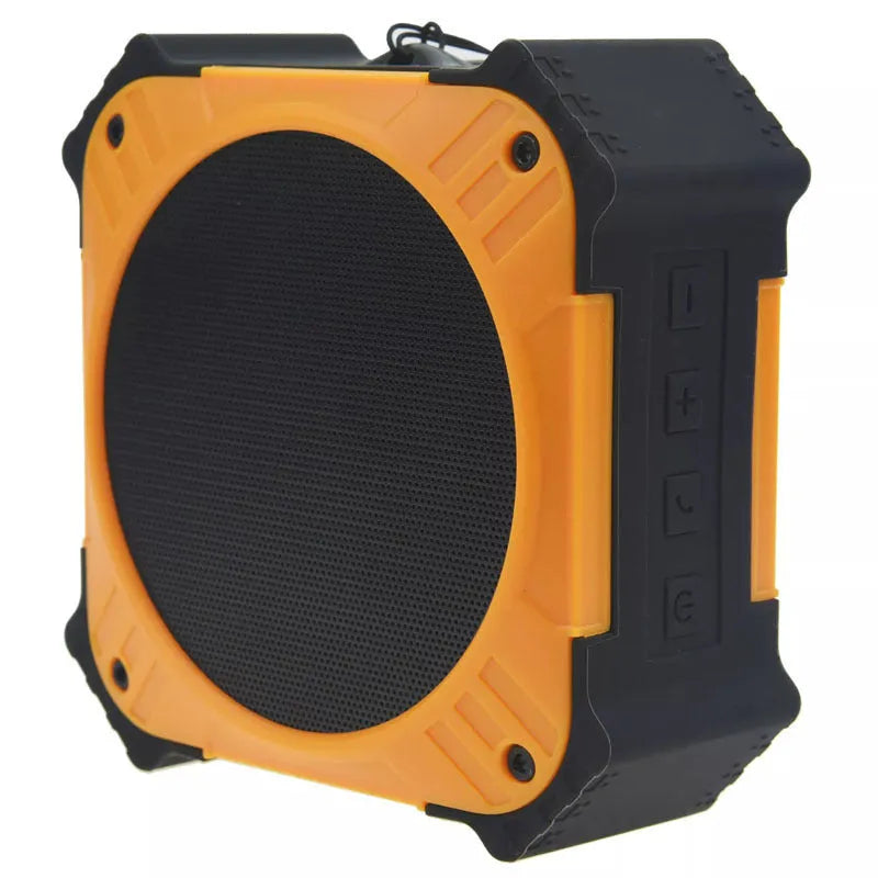 Compact black waterproof Bluetooth speaker with wrist strap, showing size scale and button controls.
