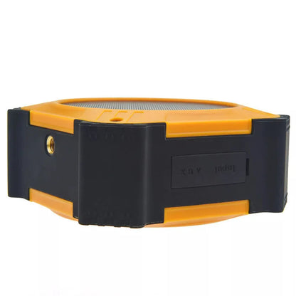 Compact black waterproof Bluetooth speaker with wrist strap, showing size scale.