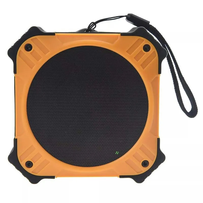Compact black waterproof Bluetooth speaker with wrist strap, showing size scale and button controls.