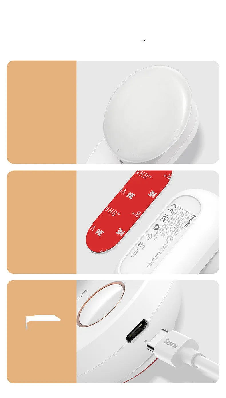 Baseus white sensor night light with circular design showing LED illumination and motion detection sensor
