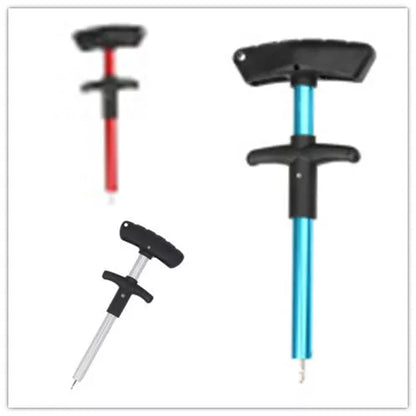 Portable T-shaped hook extractor for safe fishing in black, yellow, blue, and orange