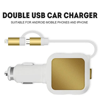 Black and gold dual USB car charger with retractable cable plugged into vehicle power socket