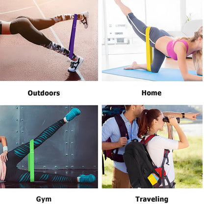 Rally Loop resistance band set showing five colour-coded bands: yellow, red, green, blue, black for 10kg to 50kg resistance