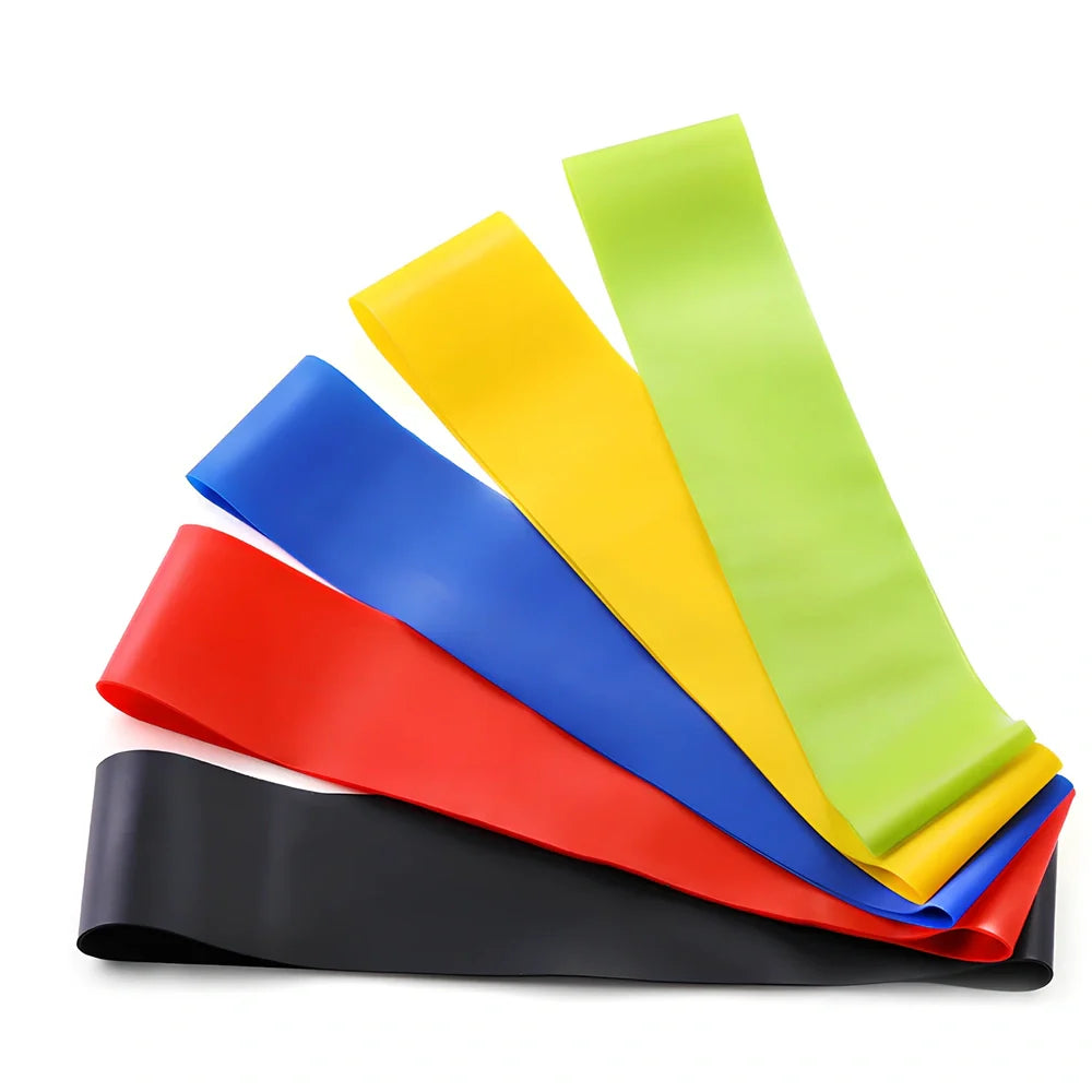 Rally Loop resistance band set showing five colour-coded bands: yellow, red, green, blue, black for 10kg to 50kg resistance