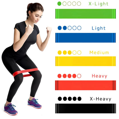Rally Loop resistance band set showing five colour-coded bands: yellow, red, green, blue, black for 10kg to 50kg resistance