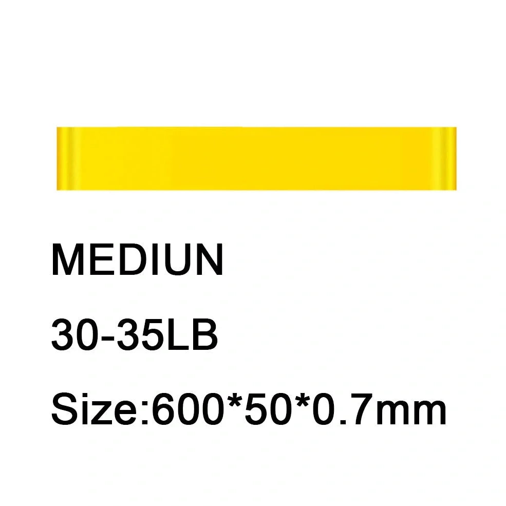 Rally Loop resistance band set showing five colour-coded bands: yellow, red, green, blue, black for 10kg to 50kg resistance