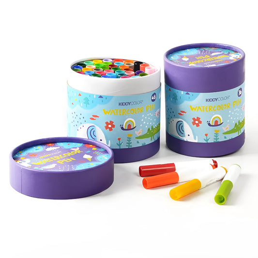Children's washable watercolour pen set showing plastic barrels in 36 or 48 colour options.