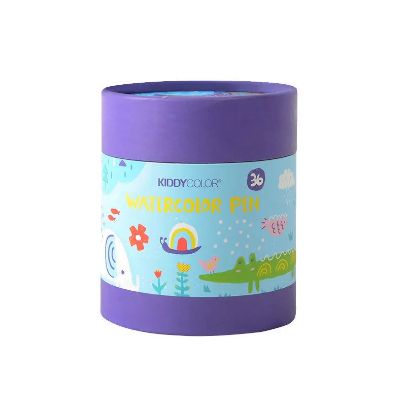 Children's washable watercolour pen set showing plastic barrels in 36 or 48 colour options.