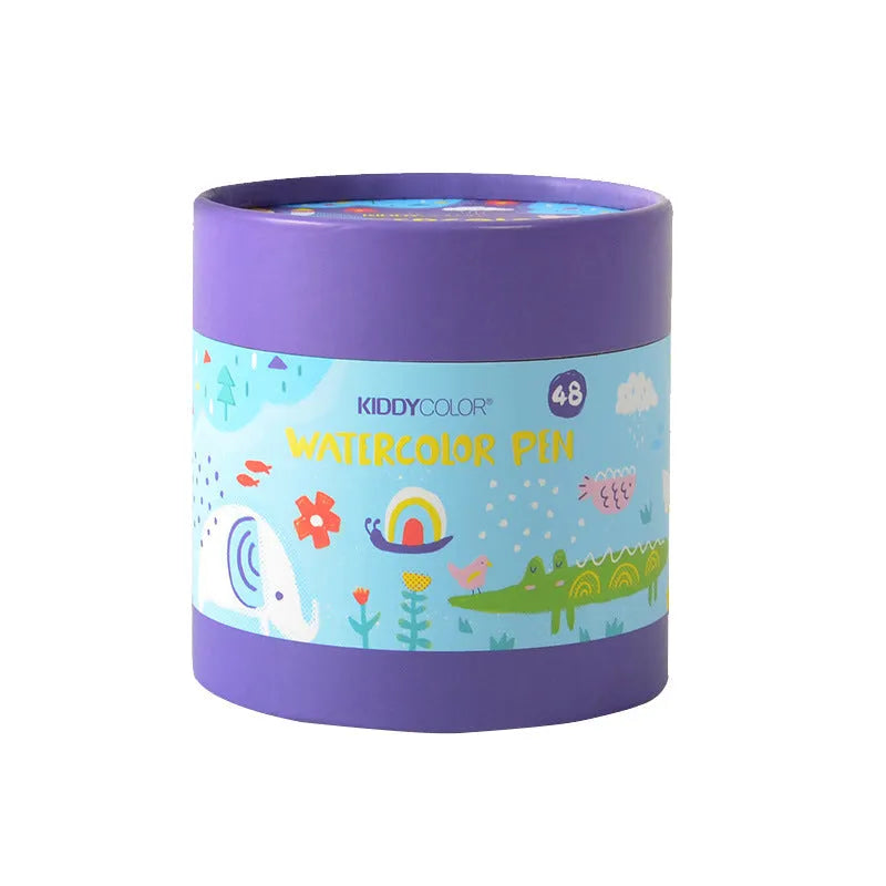 Children's washable watercolour pen set showing plastic barrels in 36 or 48 colour options.