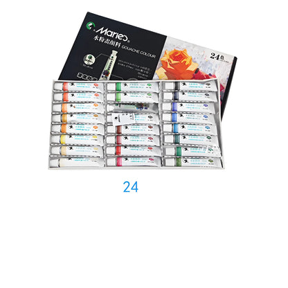 Marley gouache paint set showing multiple 5ml and 12ml pots in 12, 18 or 24 colour configurations