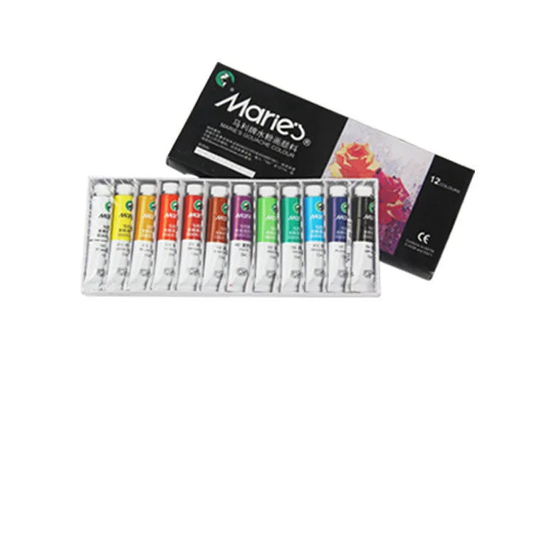 Marley gouache paint set showing multiple 5ml and 12ml pots in 12, 18 or 24 colour configurations