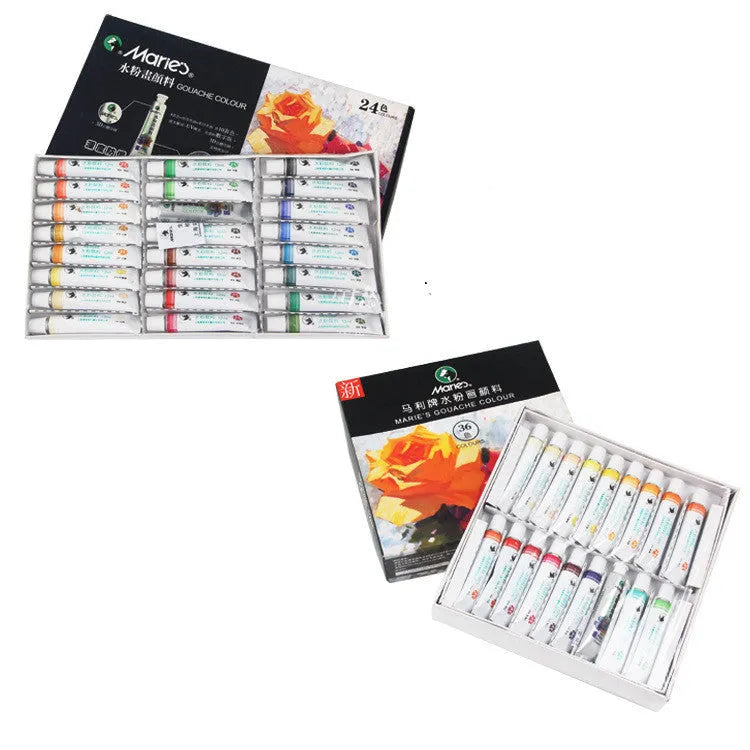 Marley gouache paint set showing multiple 5ml and 12ml pots in 12, 18 or 24 colour configurations