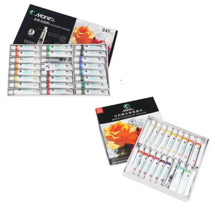 Marley gouache paint set showing multiple 5ml and 12ml pots in 12, 18 or 24 colour configurations