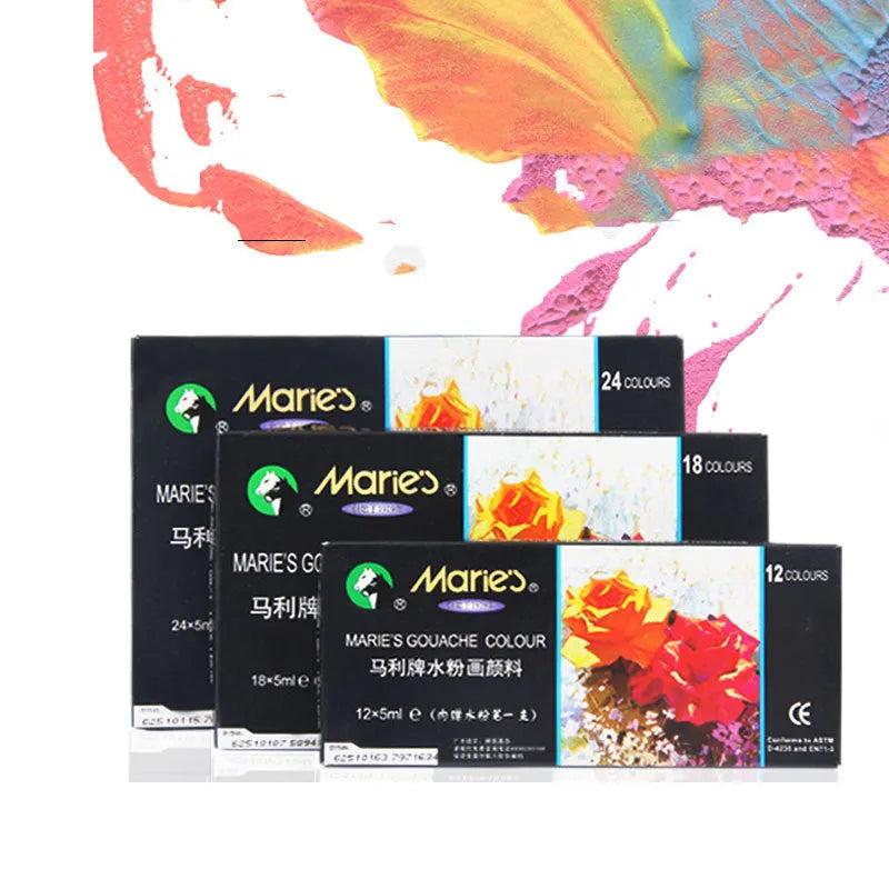 Marley gouache paint set showing multiple 5ml and 12ml pots in 12, 18 or 24 colour configurations