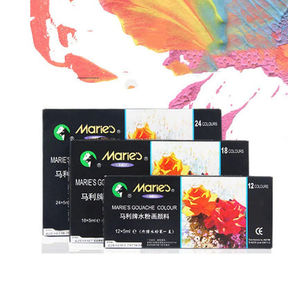 Marley gouache paint set showing multiple 5ml and 12ml pots in 12, 18 or 24 colour configurations