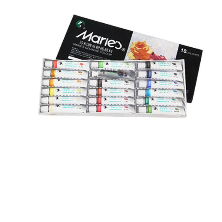 Marley gouache paint set showing multiple 5ml and 12ml pots in 12, 18 or 24 colour configurations