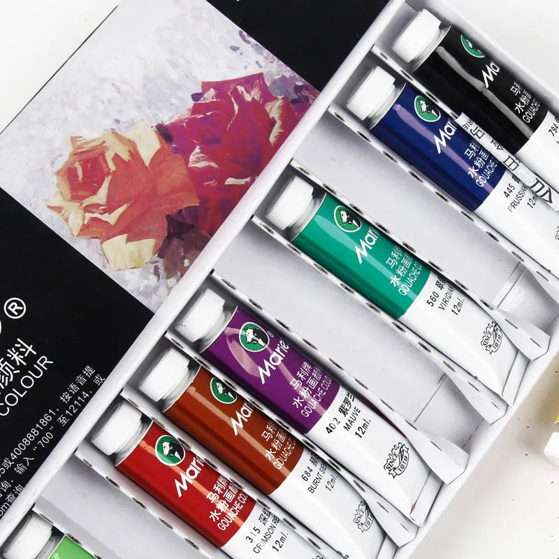 Marley gouache paint set showing multiple 5ml and 12ml pots in 12, 18 or 24 colour configurations