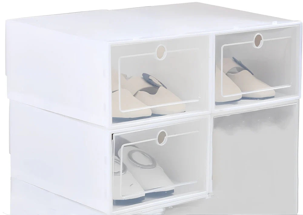Transparent plastic shoe box showing stackable design and clear construction
