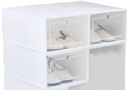 Transparent plastic shoe box showing stackable design and clear construction