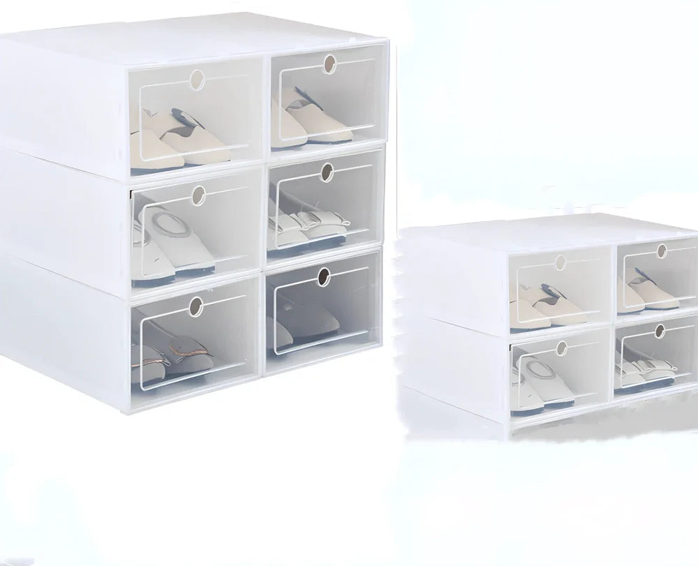 Transparent plastic shoe box showing stackable design and clear construction