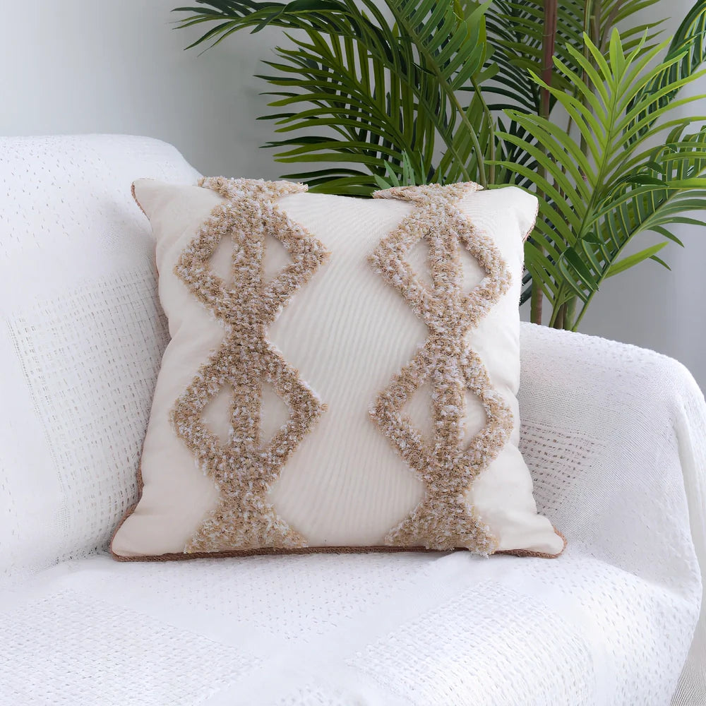 Square tufted throw pillow with Moroccan fringe detailing measuring 45x45cm with cotton cover