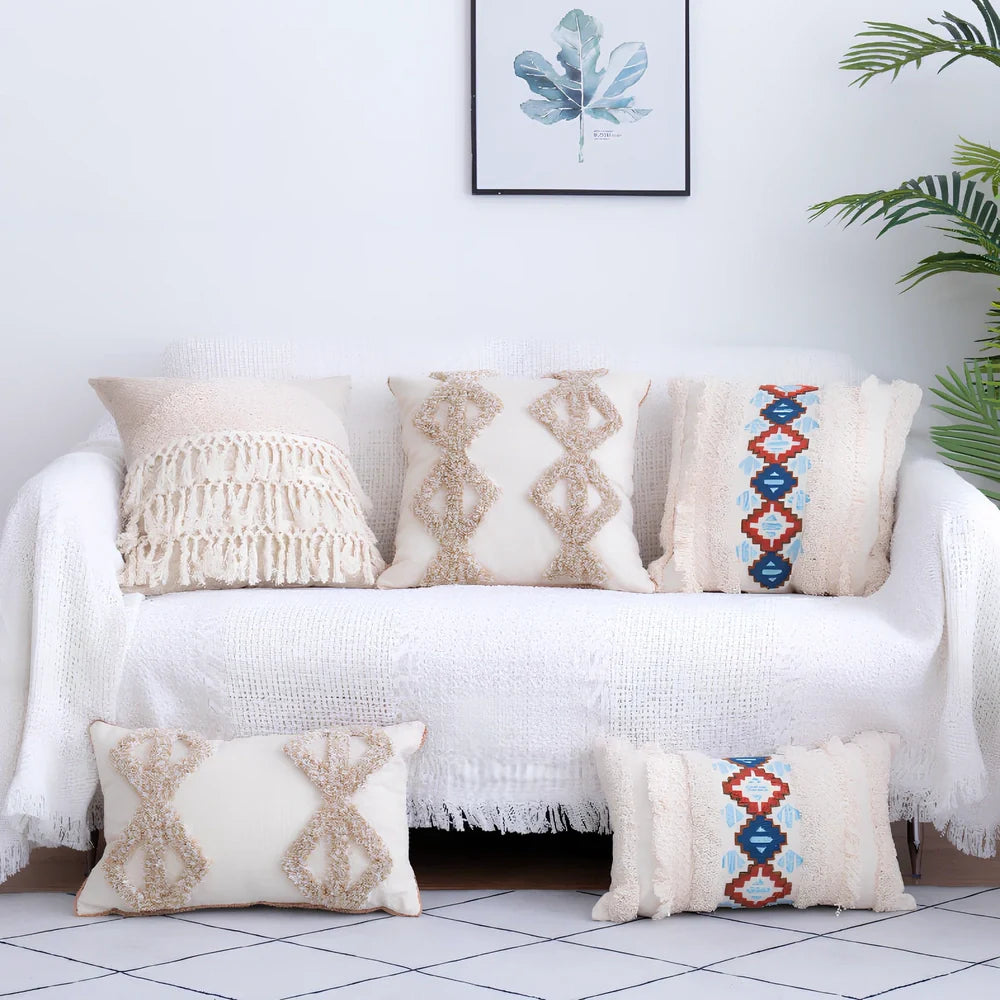 Square tufted throw pillow with Moroccan fringe detailing measuring 45x45cm with cotton cover