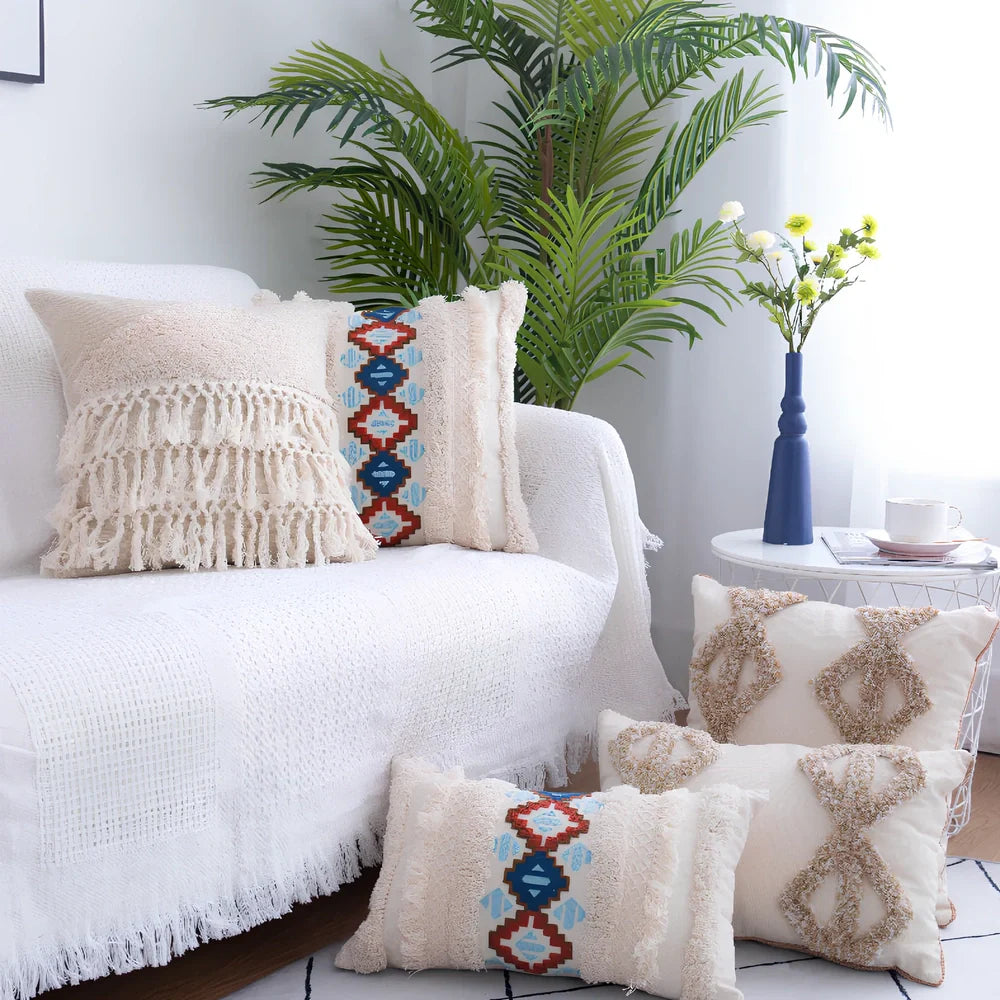 Square tufted throw pillow with Moroccan fringe detailing measuring 45x45cm with cotton cover
