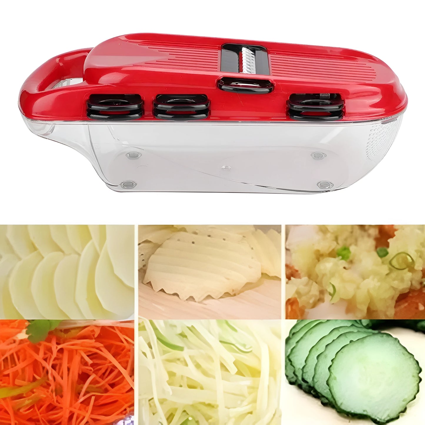 Red multi-function vegetable cutter with stainless steel blades, ABS handle, and clear PET container.