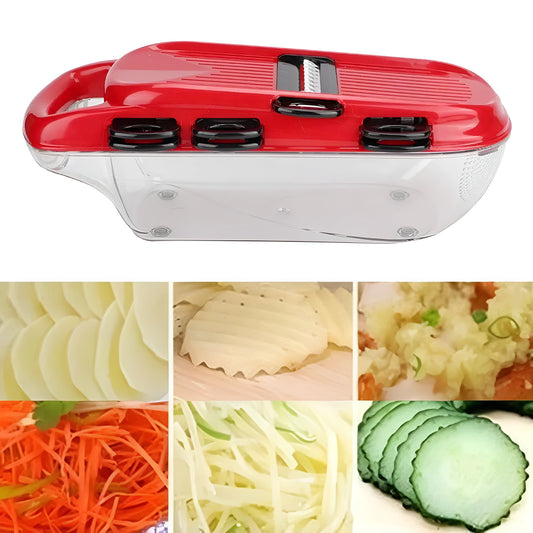 Red multi-function vegetable cutter with stainless steel blades, ABS handle, and clear PET container.