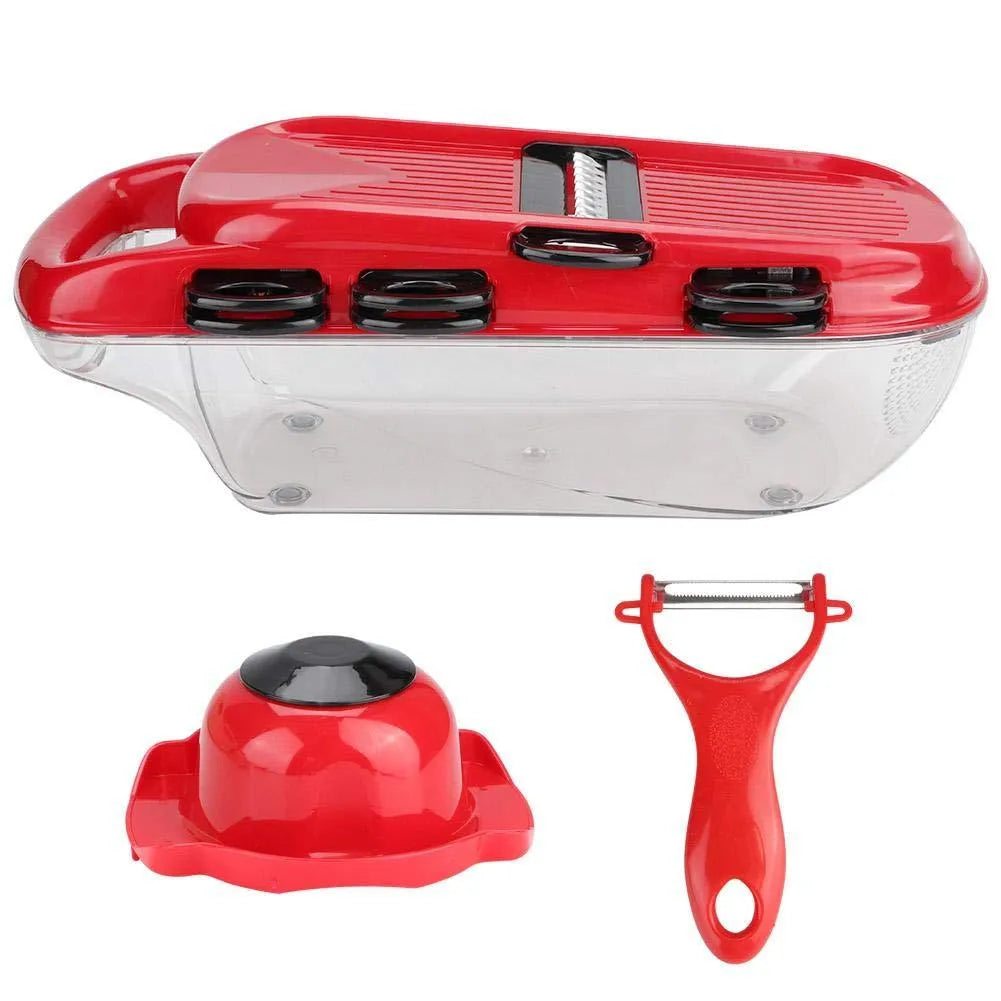 Red multi-function vegetable cutter with stainless steel blades, ABS handle, and clear PET container.