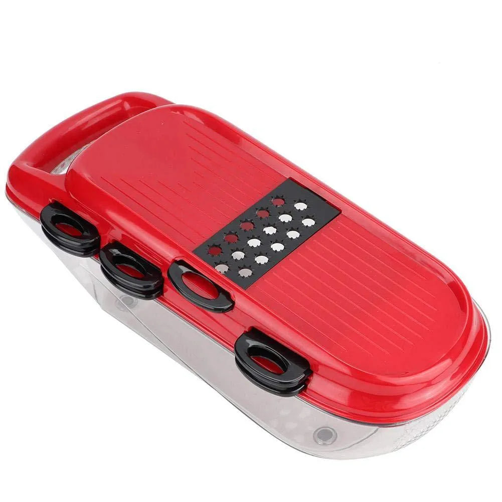Red multi-function vegetable cutter with stainless steel blades, ABS handle, and clear PET container.