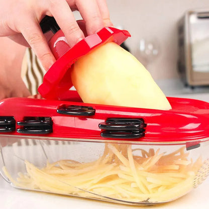Red multi-function vegetable cutter with stainless steel blades, ABS handle, and clear PET container.