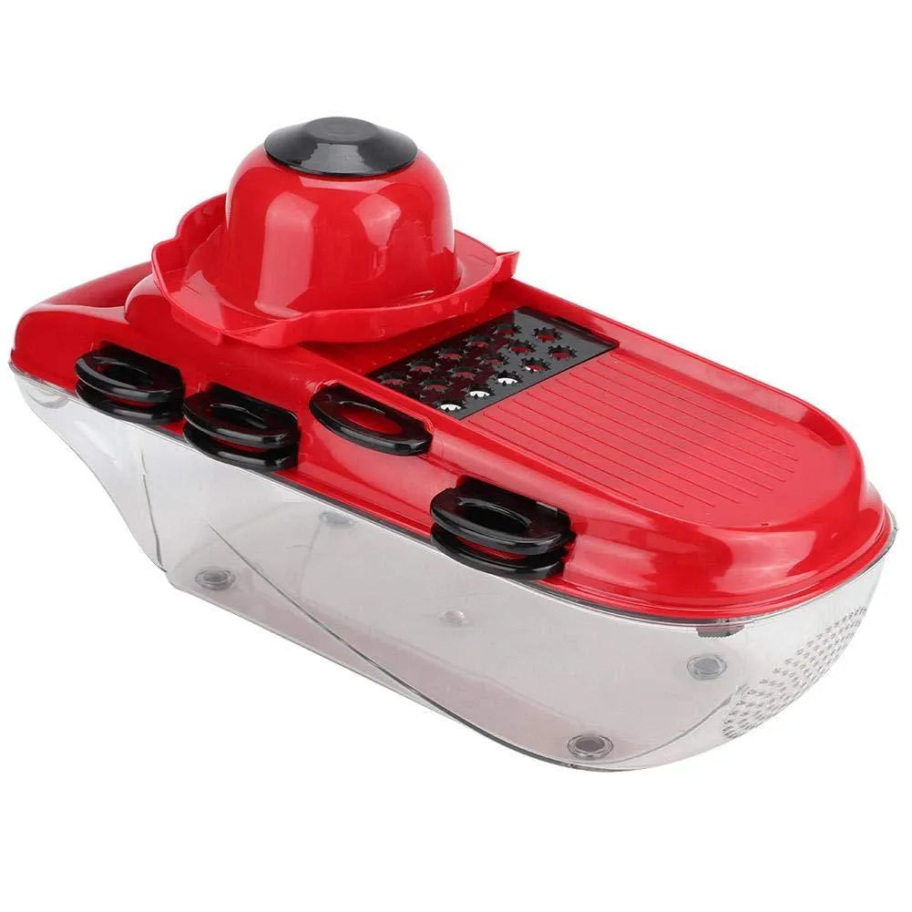 Red multi-function vegetable cutter with stainless steel blades, ABS handle, and clear PET container.
