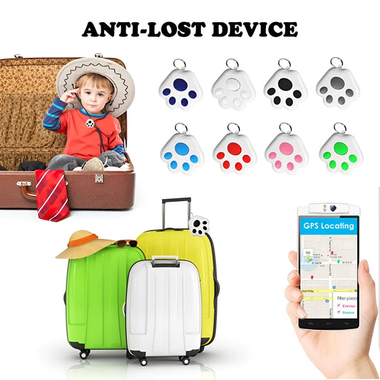 Small black dog paw shaped Bluetooth tracker for finding keys and phones with two-way alarm.