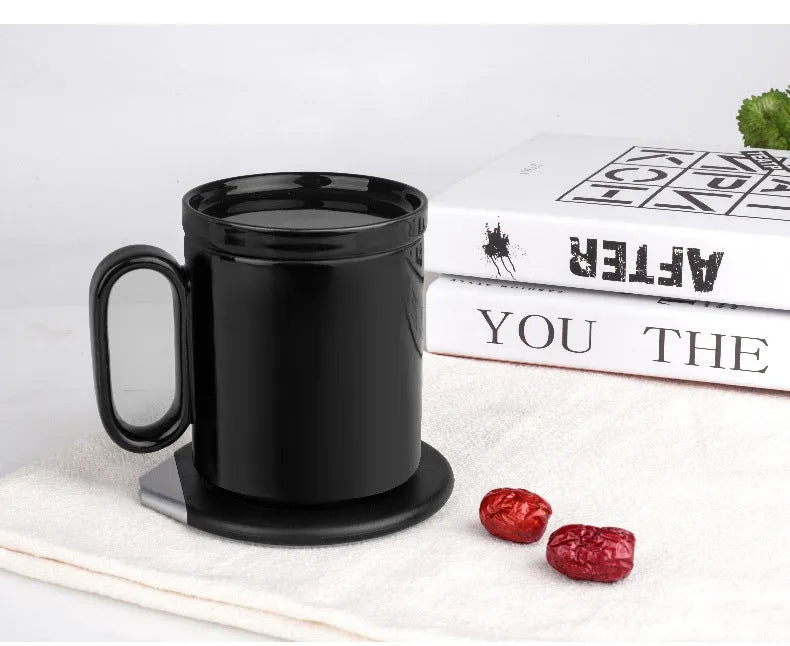 Wireless charging warm cup with porcelain mug on USB-powered coaster in black or white