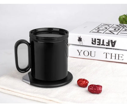 Wireless charging warm cup with porcelain mug on USB-powered coaster in black or white
