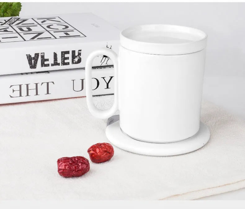 Wireless charging warm cup with porcelain mug on USB-powered coaster in black or white